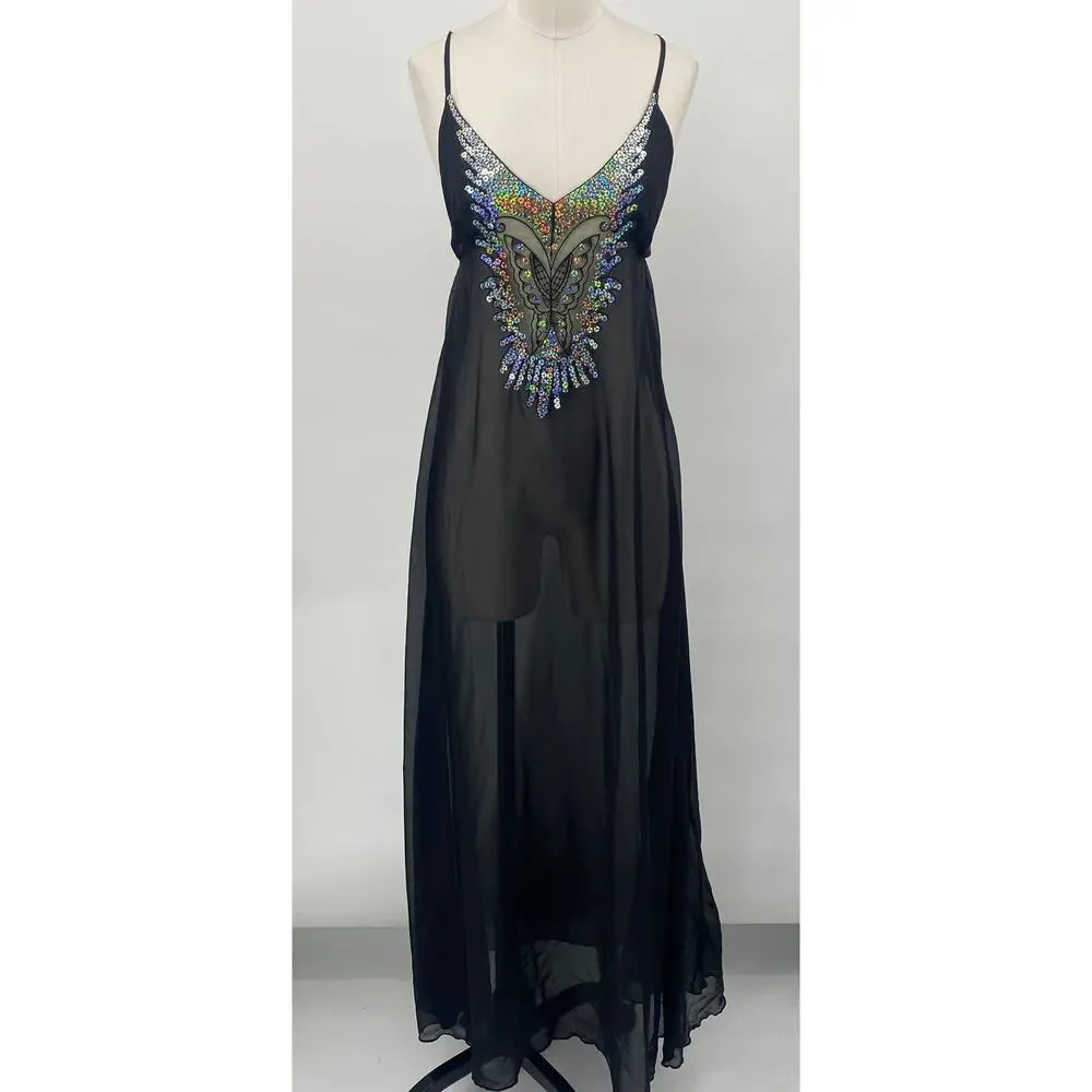 Vintage Y2k Iridescent Sequin Butterfly Nightgown Sheer Maxi Black Womens 2/4 - Picture 3 of 12